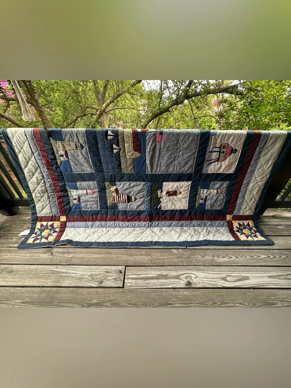 1994 Quilted Lighthouse Bedspread 90” x 90” Queen Beach Coastal Cabin